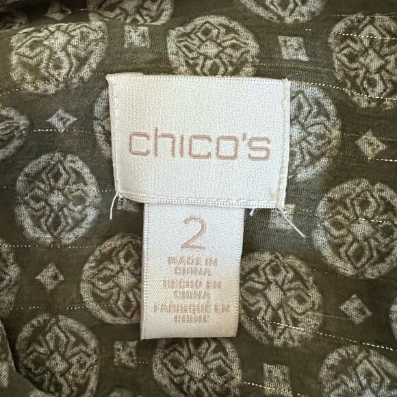 Chico’s Blouse Women M Olive Green Sequin Collar Metallic Sheer Button Front - Picture 9 of 10